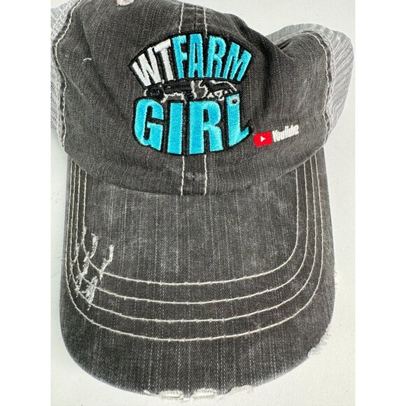 WT Farm Girl Distressed Trucker Hat YouTube Logo Embroidered Adjustable One Size - Picture 3 of 16